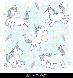Cute magical unicorns flying in the sky with ice cream and stars Stock Vector