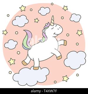 Cute unicorn dreaming and flying on the sky with clouds and stars Stock Vector