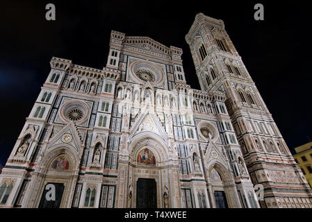 Night view of Cathedral of Saint Mary of the Flower (Duomo di Firenze) and Giotto's Campanile in Florence , Italy Stock Photo