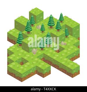 Illustration of abstract 3d isometric forest with cube ground, trees, rocks and grass Stock Vector