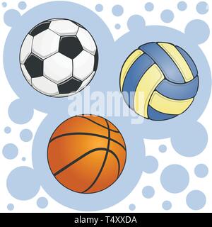 Set of colored balls for soccer volleyball and basketball on bubbly background Stock Vector