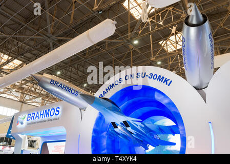 Bengaluru, India - February 22, 2019: Supersonic cruise missile BRAHMOS made by India on display at the Aero India 2019 exhibition in Bangalore, India Stock Photo