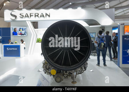 Bengaluru, India - February 22, 2019: Visitors at the Safran stall at the Aero India 2019 exhibition in Bangalore, India. Aero India is a biennial air Stock Photo