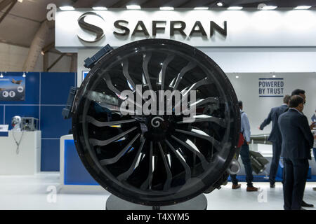 Bengaluru, India - February 22, 2019: Visitors at the Safran stall at the Aero India 2019 exhibition in Bangalore, India. Aero India is a biennial air Stock Photo