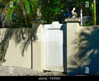 An understated wooden gate with stone pelicans atop each pillar, with a lovely tropical surrounding inside a residential courtyard in Boca Grande, FL Stock Photo