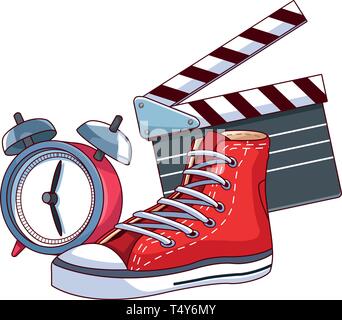 sneaker alarm clock and movie clapper board Stock Vector