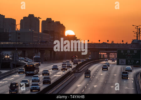 China: Beijing skyline with morning traffic on southwest side of city ...