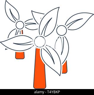 Wind Mill With Leaves In Blades Icon. Thin Line With Red Fill Design. Vector Illustration. Stock Vector