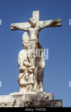 Valencia Spain, The Trinity bridge, Baroque Statue on Puente de la Trinidad Baroque sculpture Stock Photo