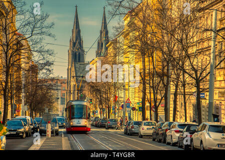 Tram in scenic street Prague Sunset Namesti miru Vinohrady 31 March 201 Stock Photo