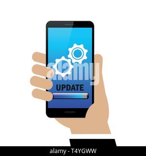 male hand is holding a black smartphone with update and gears on display isolated on white background vector illustration EPS10 Stock Vector
