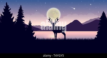 lonely wildlife reindeer in nature beautiful lake at night with full moon and starry sky mystic landscape vector illustration EPS10 Stock Vector