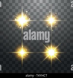 Creative concept Vector set of glow golden light effect stars bursts with sparkles isolated on transparent background Stock Vector