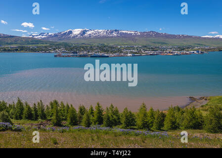 Akureyri city over Pollurinn bay of Eyjafjordur fjord in Northern Iceland Stock Photo