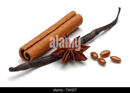 Vanilla stick, cinnamon and star anise isolated on white background Stock Photo