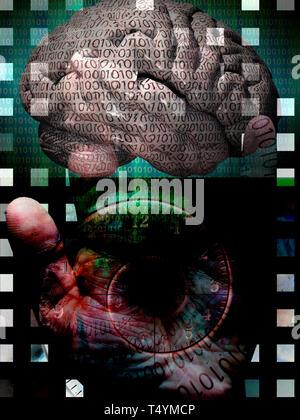 Human brain and hand with binary code, Time spiral. Stock Photo