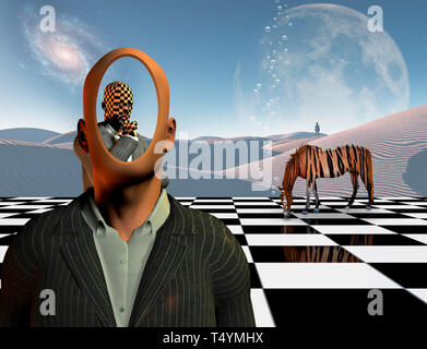 Faceless businessman with another thinking businessman behind him stands on chessboard with Lonely man in a distance White sand dune and Striped horse Stock Photo