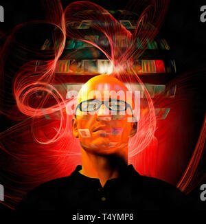 Bald man in glasses with hologram screens. Stock Photo