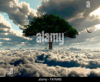 Green tree on a field of clouds. Eagle in the sky. Stock Photo