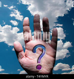 Hand with question mark and sky Stock Photo