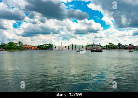 Orlando, Florida. April 02, 2019. Panoramic view of Epcot lake and Germany, Italy , The American Adventure and China Pavilions at Walt Disney World. Stock Photo