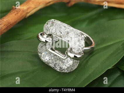 Jewelry ring with diamonds, on green leafs Stock Photo