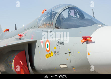 Bengaluru, India - February 22, 2019: Close up view of the cockpit of the HAL aircraft Tejas on display at the Aero India 2019 exhibition. Aero India  Stock Photo