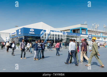 Bengaluru, India - February 22, 2019: Visitors outside the Tata Aerospace stall at the Aero India 2019. Aero India is a biennial air show and aviation Stock Photo