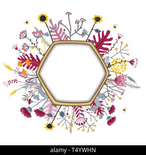 Hexagon Frame with cute honey flowers and bees. Cartoon vector illustration. Grasslend Honey Concept Stock Vector