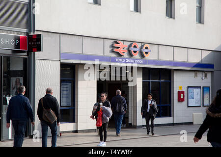 Wembley Central Station entrance on High Road, Wembley busy with pedestrians. Stock Photo