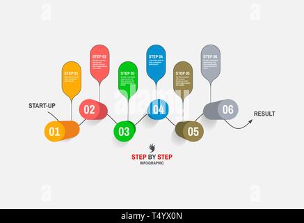 Startup infographic template with six steps. Business concept. Vector illustration for marketing, research, statistics and analytics. Stock Vector