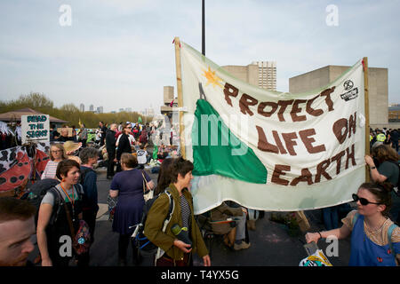 The Extinction Rebellion occupation of Waterloo Bridge in London, UK, on 18th April 2019.