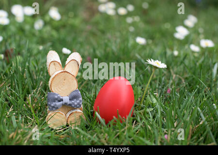 Easter Bunny and red hen Easter egg in a grass among deisies Stock Photo