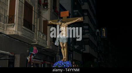 Murcia, Spain, April 19, 2019: Night procession or parade of silence during the Holy Week on the streets of Murcia Stock Photo