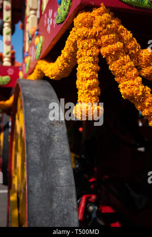 Durban, South Africa, 19th April 2019. Durban's 2019 Festival of Chariots da colourful and vibrant drawcard for devotees and tourists alike. Garlands  Stock Photo