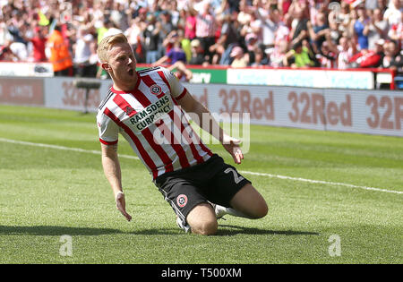 Sheffield United's Mark Duffy celebrates scoring his side's first goal of the game during the Sky Bet Championship match at Bramall Lane, Sheffield. Stock Photo