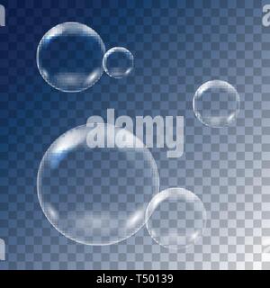 Realistic illustration of set of flying soap bubbles on transparent blue background - vector Stock Vector