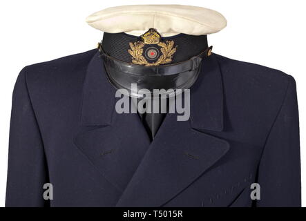Prince Heinrich of Prussia - a white cap for navy officers and a jacket for  a grand admiral. A visor cap for navy officers, white cap cover on dark blue  stand. Ca.