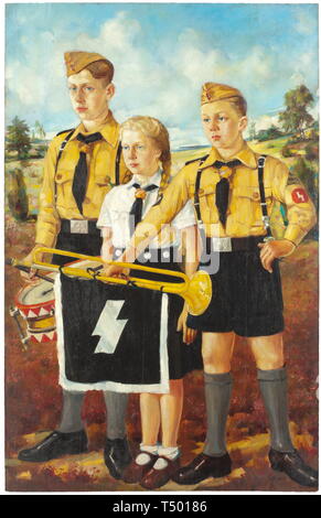 An oil painting 'Die Jugend gehört dem Führer'. Oil on wood, circa 1938. A depiction of three siblings in the uniforms of the HJ (the Hitler Youth),the Jungvolk (the German Young Folk) and the BDM (the German Girls League) standing in front of a north German scenery. The district triangle 'Nord Nordmark' easily readable in this detailed oil painting. Dimensions 75 x 117 cm. historic, historical, 20th century, 1930s, League of German Girls, Band of German Maidens, youth organization, youth organizations, NS, National Socialism, Nazism, Third Reich, German Reich, Germany, Nat, Editorial-Use-Only Stock Photo
