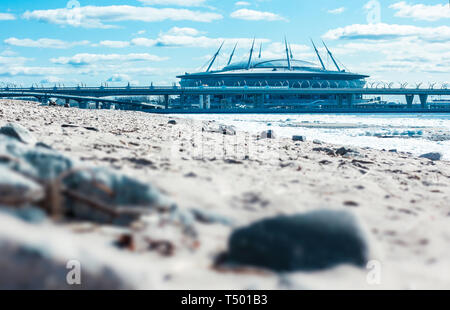 SAINT-PETERSBURG, RUSSIA, APRIL 12, 2019: Zenit Arena , St. Petersburg , Krestovsky - football stadium on the background of the Gulf of Finland and th Stock Photo