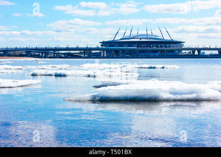 SAINT-PETERSBURG, RUSSIA, APRIL 12, 2019: Zenit Arena , St. Petersburg , Krestovsky - football stadium on the background of the Gulf of Finland and th Stock Photo