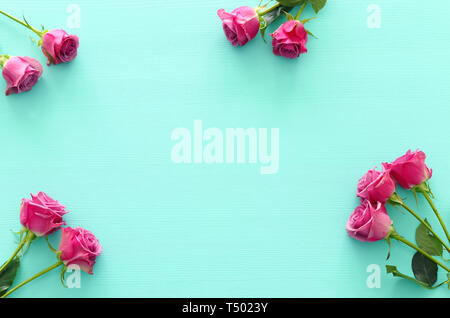 Top view of over pink roses flowers. Flat lay Stock Photo