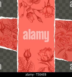 Trendy easy editable template for social media post in torn paper style. Roses flower theme Creative design background Stock Vector