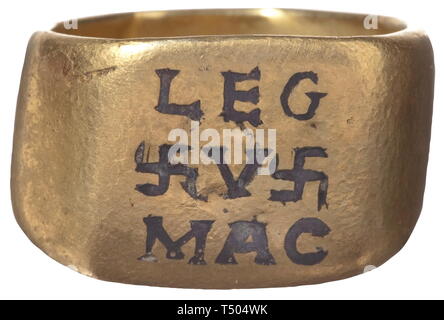 A Roman Gold Ring For An Officer Of The Legio V Macedonia 2nd 3rd Century Ad Yellow Gold Tapered Shank With Rectangular Panel Nielloed Inscription Leg V Mac Between Two Swastikas On Top