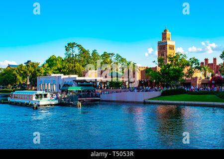 Orlando, Florida. April 02, 2019 . Panoramic view of Taxi Boat and Morocco Pavilion of Epcot in Walt Disney World. Stock Photo