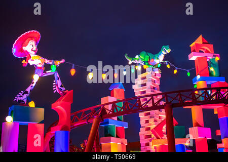 Orlando, Florida. March 29, 2019. Top view of Jessie The Cowgirl and Rex dinosaur at Slinky Dog Dash rollercoaster in Hollywood Studios at Walt Disney Stock Photo