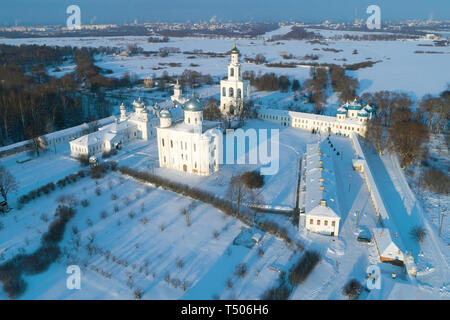 View of St. Yuriev Monastery temples in the January frosty afternoon (aerial photography). Veliky Novgorod, Russia Stock Photo