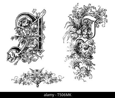 Ornate capital letters A and J and a floral end chapter, typographic vintage engraving Stock Photo