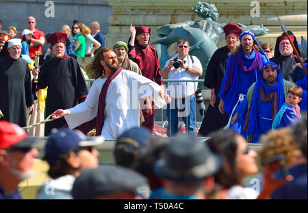 London, UK. 19th Apr 2019. On Good Friday, thousands gather in Trafalgar Square to watch The Passion of Jesus performed by the Wintershall Players. Christ in the temple Credit: PjrFoto/Alamy Live News Stock Photo