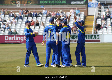 County Durham, UK. 19th Apr 2019. Durham team celebrate another wicket during the ECB Royal London One-Day Cup match between Durham CCC v Leicestershire CCC at the Emirates Riverside, County Durham, England on 19 April 2019. Photo by John Mallett.  Editorial use only, license required for commercial use. No use in betting, games or a single club/league/player publications. Credit: UK Sports Pics Ltd/Alamy Live News Stock Photo